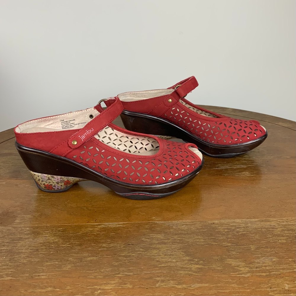 Jambu Journey Encore Red Wedge Shoes Sandals Clogs Mary Janes